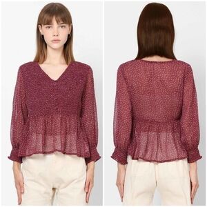 ONLY Women's Semi-Sheer Shirred Long Sleeve Peplum Top Women's Size S Red Floral